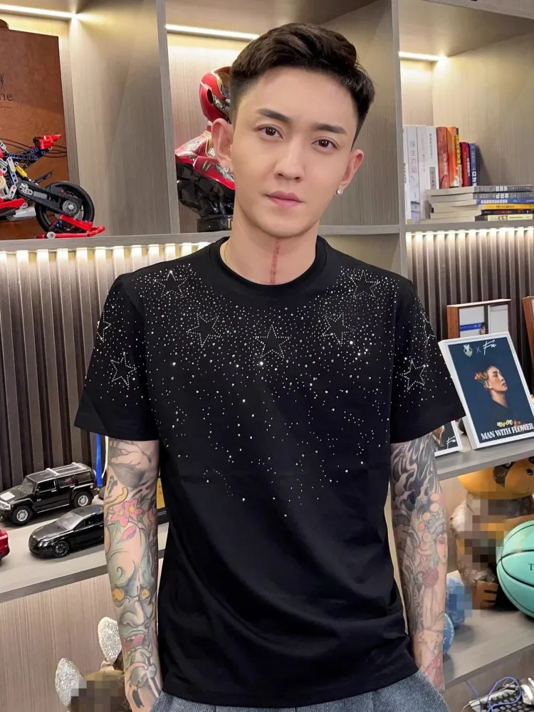 Summer Mens Casual T-Shirt Solid Color Rhinestone O-Neck Slim Fit Pullover Black Tees Top Short Sleeve Fashion T-Shirts Male