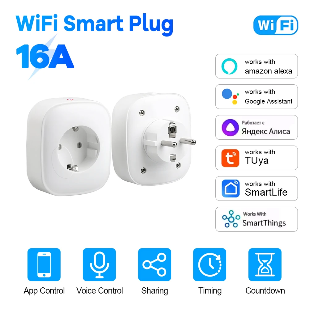 

Умная вилка Tuya EU 16A 20A Wi-Fi с монитором мощности, приложение, дистанционное управление, таймер, группа Alexa Google Assistant, функция голосовой памяти