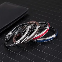 New fashion simple braided stainless steel car line leather bracelet men's titanium steel personalized trend bracelet