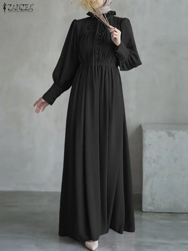 ชุดเดรสยาวมุสลิม ZANZEA สำหรับผู้หญิง สไตล์เรียบร้อย หรูหรา คอระบาย ผูกเอว แขนยาว ไซส์ S-3XL