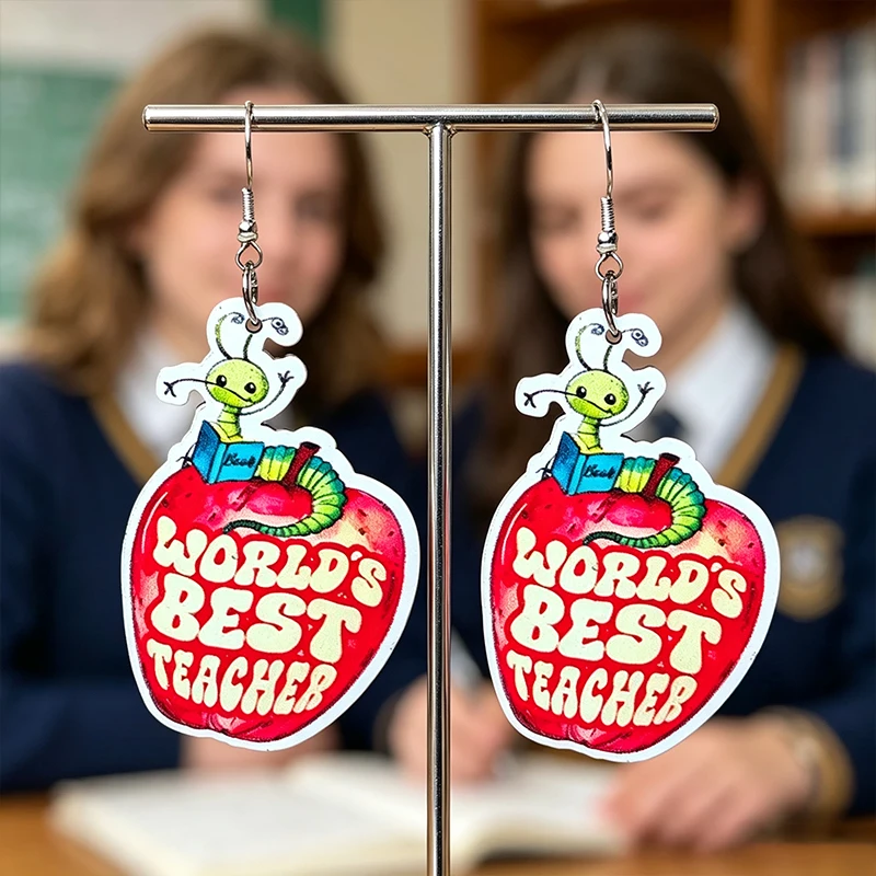 Cute Reading Worm On Red Apple Teacher Earrings, World's Best Teacher Lightweight Jewelry For Book Loving Educators