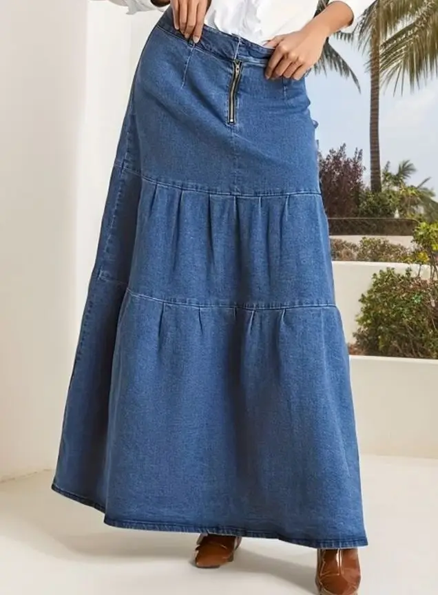 Spring Summer New Literature and Art and Retro Denim Half-body Skirt. A Pastoral Style Casual Patchwork Denim Cake Long Skirts