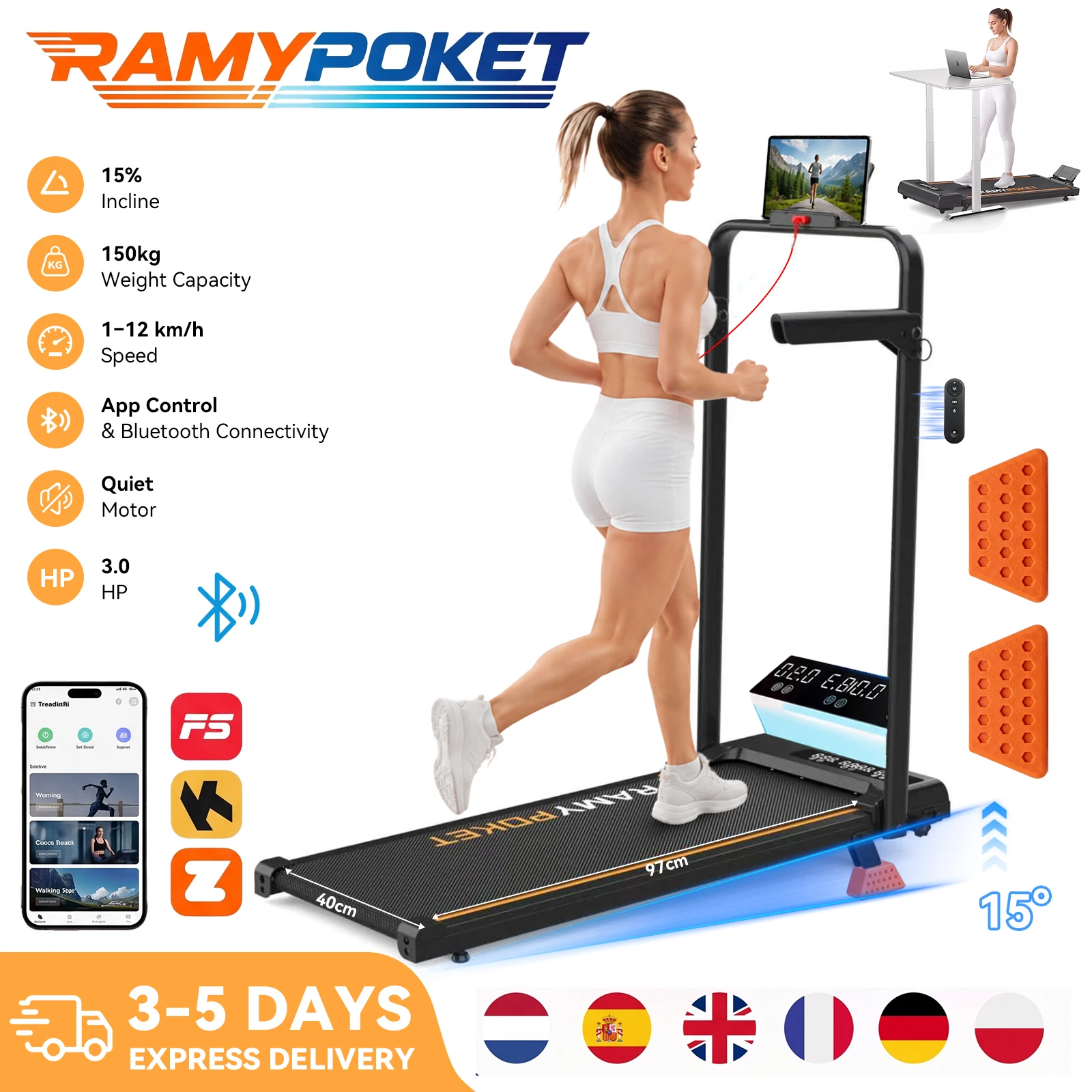 RAMYPOKET tapis de marche inclinable 15%, Controle APP Ecran LED à 3 Fenetres 1-12km/h pour tapis de course bureau & maison,2.5HP,150kg silencieux walking pad