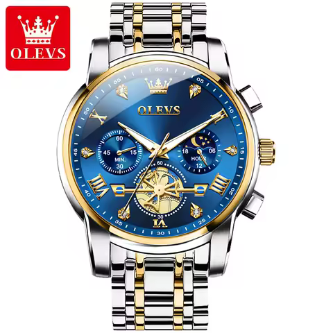 OLEVS 2856 Quartz Watch for Men Flywheel Skeleton Chronograph Moon Phase Multifunctional Stainless steel Men's Wristwatches
