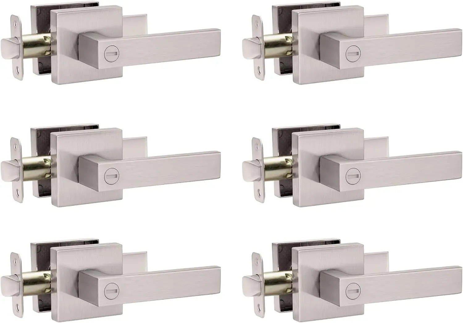 Satin Nickel Privacy Door Handle Set (6 Pack) - Keyless Lock for Bedroom, Bathroom, Left/Right Doors