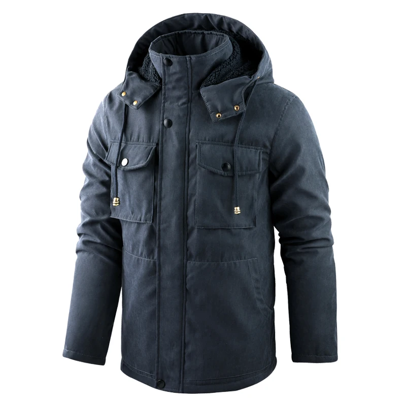 

Men's High Quality Fleece Jacket Winter Large Size Lamb Fleece Parkas Hooded Cotton Thickened Multi Pocket Coat Detachable Hat