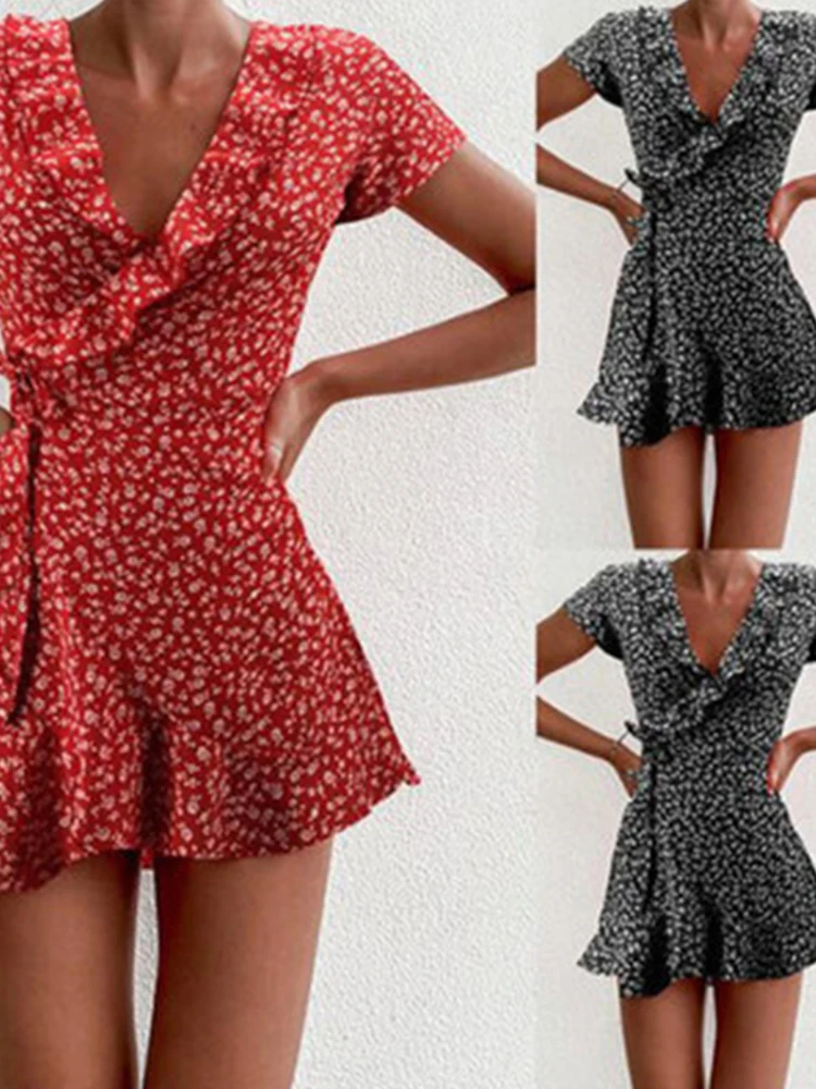 Summer Women’s Floal A-Line Dress Sweet Elegant Floral Ruffles V-neck Bandage Short Dress for Lady Chic Flowers Mini Dress