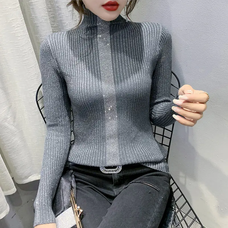 

Temperament Autumn/Winter Sweaters New Women's Solid Turtleneck Diamonds Fashion Casual Long Sleeve Bottoming Shirt Knitted Tops