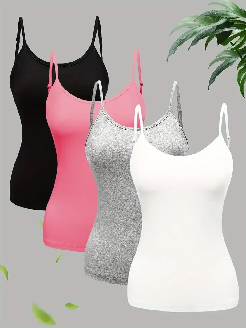 4 Pack Solid Color Cami Top Versatile Slim Backless Spaghetti strap Top For Summer Women's Clothing