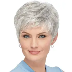 Lady Short Wigs Natural Synthetic Straight Woman Hair Wig Silver Ombre Gray with Bangs Heat Resistant Fashion Daily Use Wigs