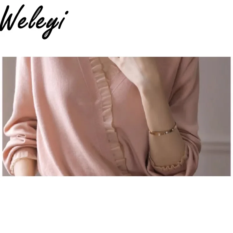 Beautiful Womens Knitted Sweater Autumn Elegant Short Long Sleeved V-neck Tops Cashmere Fungus Edge Splicing Bottoming Sweaters