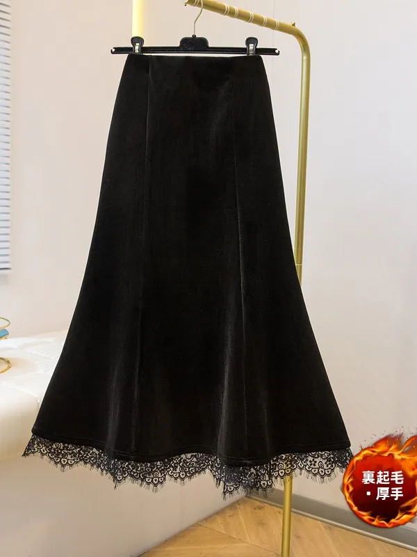 

Fleece Lined Lace Patchwork Black Skirt Women's plus Size Winter Warm Bodycon Fish Tail Skirts Casual Long Skirts