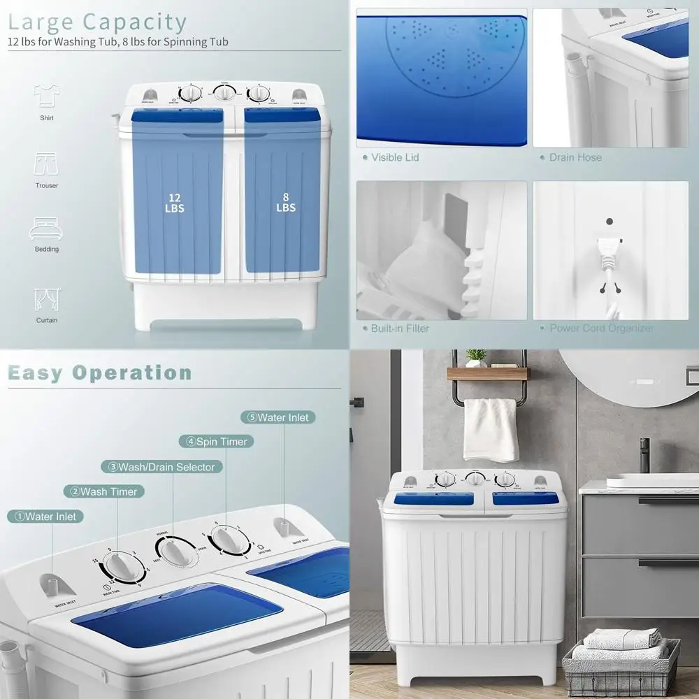 

Компактная стиральная машина с двумя баками и функцией сушки - вместимость 20 фунтов, управление таймером, идеально подходит для автодомов, квартир, общежитий, сине-белая.