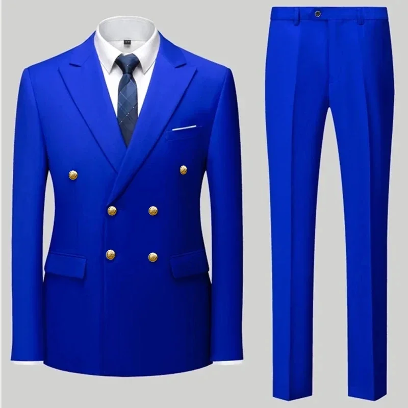 Men\'s Casual Boutique Double Breasted Suit Trousers Man\'s Business Suit Jacket Blazers Coat Pants 2 Pcs Set