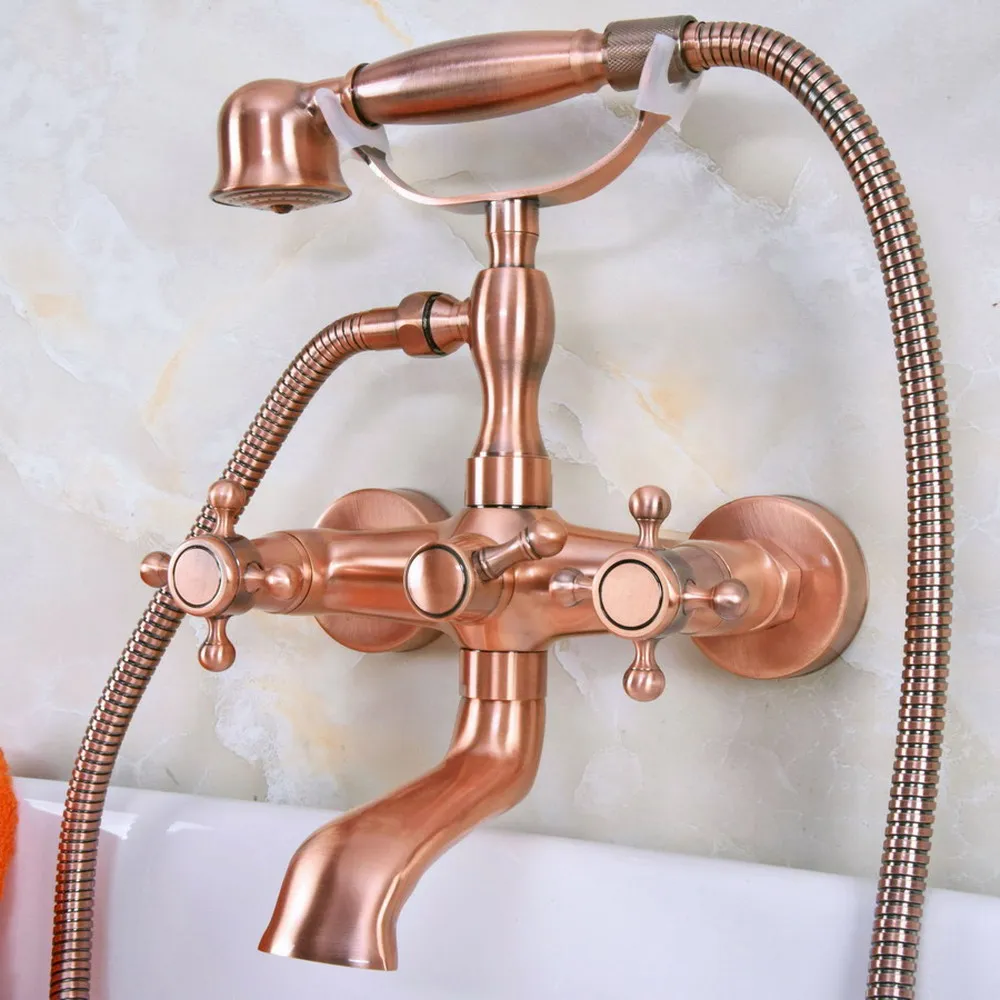 

Antique Red Copper Brass Double Handles Wall Mounted Bathroom Clawfoot Bathtub Tub Faucet Mixer Tap w/Hand Shower ana339