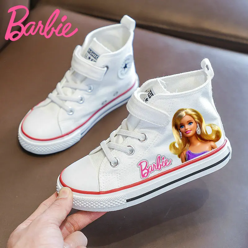 New Girls Barbie Shoes Teen Canvas Tennis Shoes Cartoon Barbie Girls White Canvas Shoes Children Casual Sneakers Size 25-36