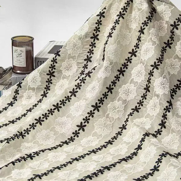 

Black white floral lace embroidered fabric with 3D floral patterns for dresses women's children's clothing designer fabrics