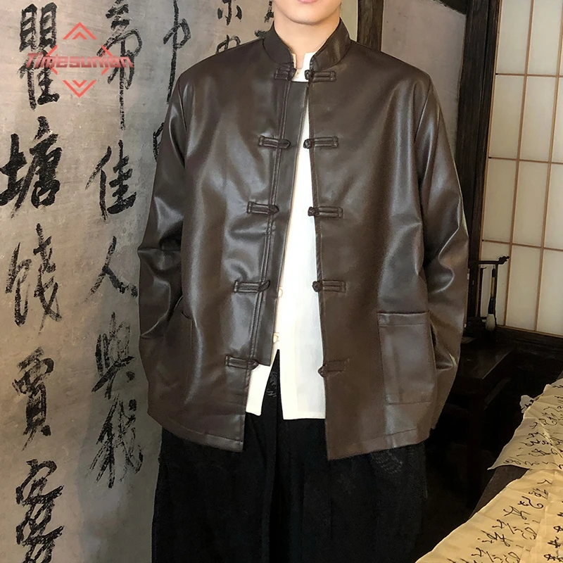 Traditional Men's Clothing PU Leather Jacket Man Casual Wear with Button New Hanfu Tang Costume Trendy Streetwear