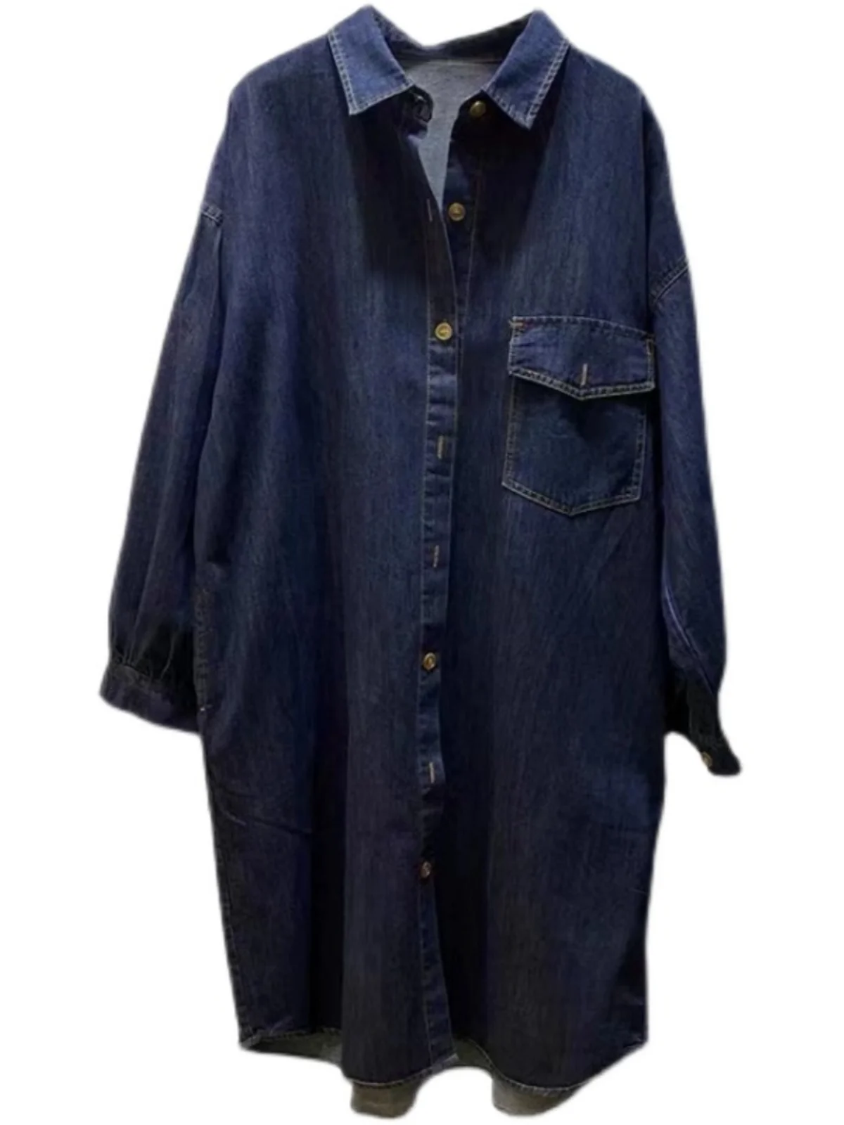 Retro japonês sle longo gola sve denim dr feminino maxi irt casaco tamanho grande botão detalhe solto ajuste