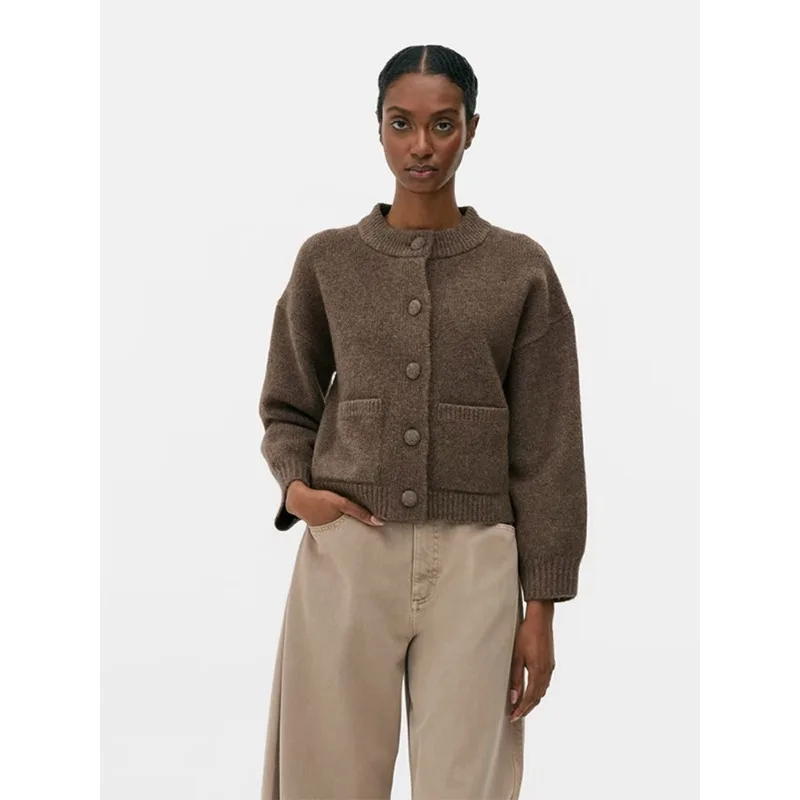 

Осенний повседневный однотонный вязаный свитер, женский уличный однобортный однобортный свитер с круглым вырезом и длинными рукавами, свободный женский трикотаж с открытой строчкой, 2025 г.