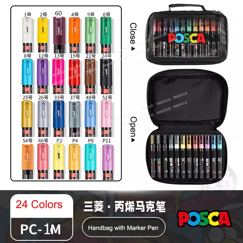 Uni Posca 24/36 Kleuren Markers, Acryl Schilderij Pen met Posca Opbergtas Japanse Briefpapier Kunstbenodigdheden voor Schilderen Graffiti