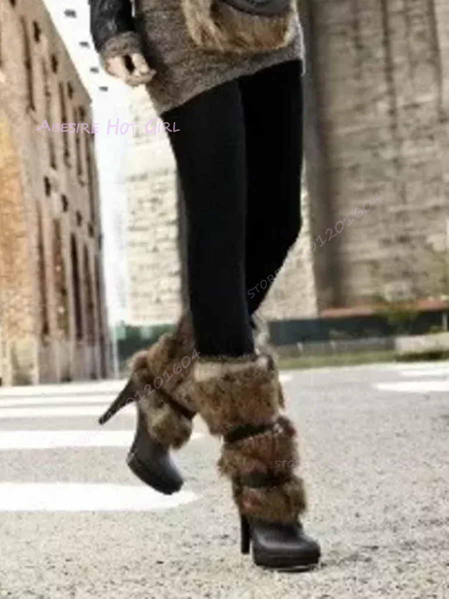 Gray Brown Feather Plush Low Heel Platform Boots Fringe Women Round Toe Black Leather Belt Buckle Zipper Stiletto Shoes Casual