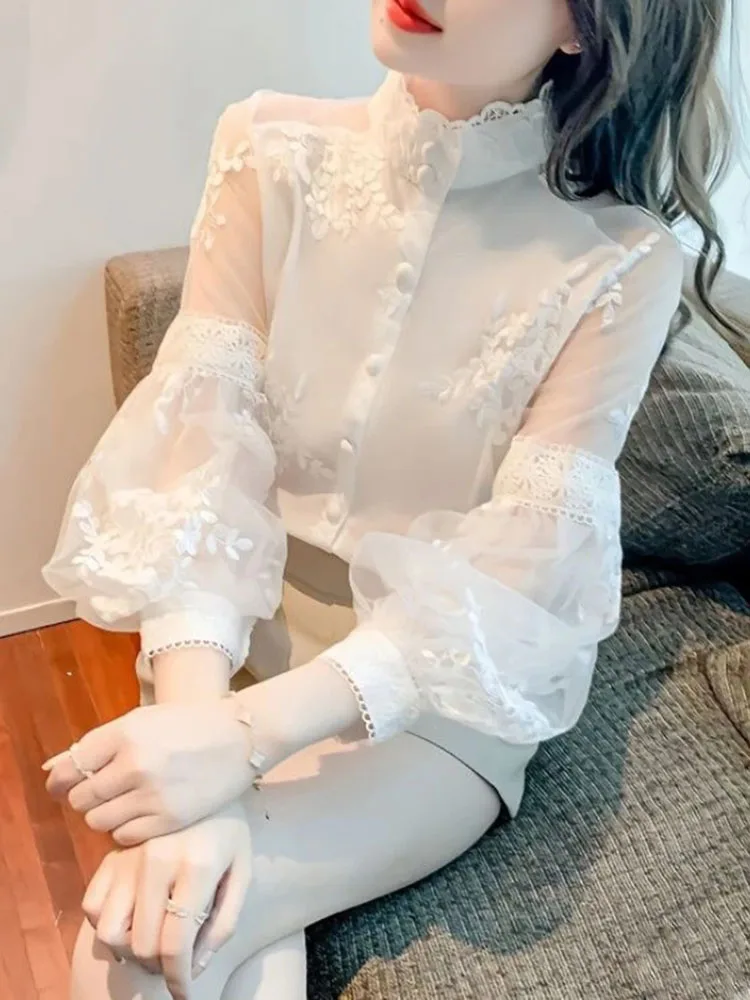 Women Chiffon Blouse Royal Inspired Embroidery Lace Patchwork Lantern Sleeve Stand Collar Elegant Top For Spring