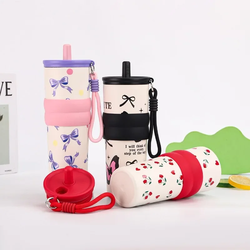 

710ML Stainless Steel Insulated Cup for Boys and Girls, Portable Cooling Ice Cream King Cup, Outdoor with Lifting Rope Straw Cup