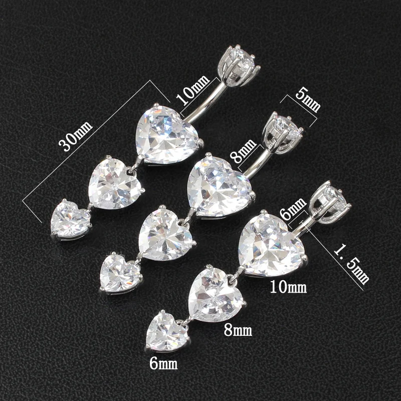 925 sterling silver navel ring heart body jewelry women dangle real pure silver S925 piercing jewelry 6 8 10 mm pin length