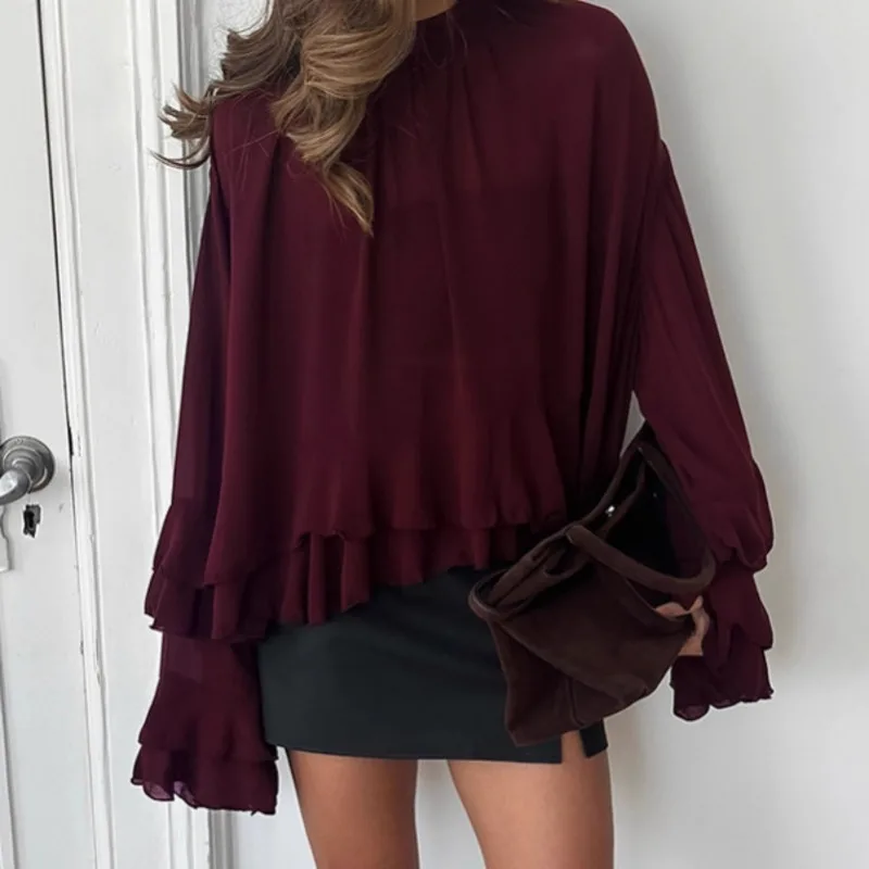 Fashion Women See-Through Ruffled Long Sleeve Blouse Casual Vintage O-Neck Elastic Drawstring Top Chic Summer Versatile Shirts