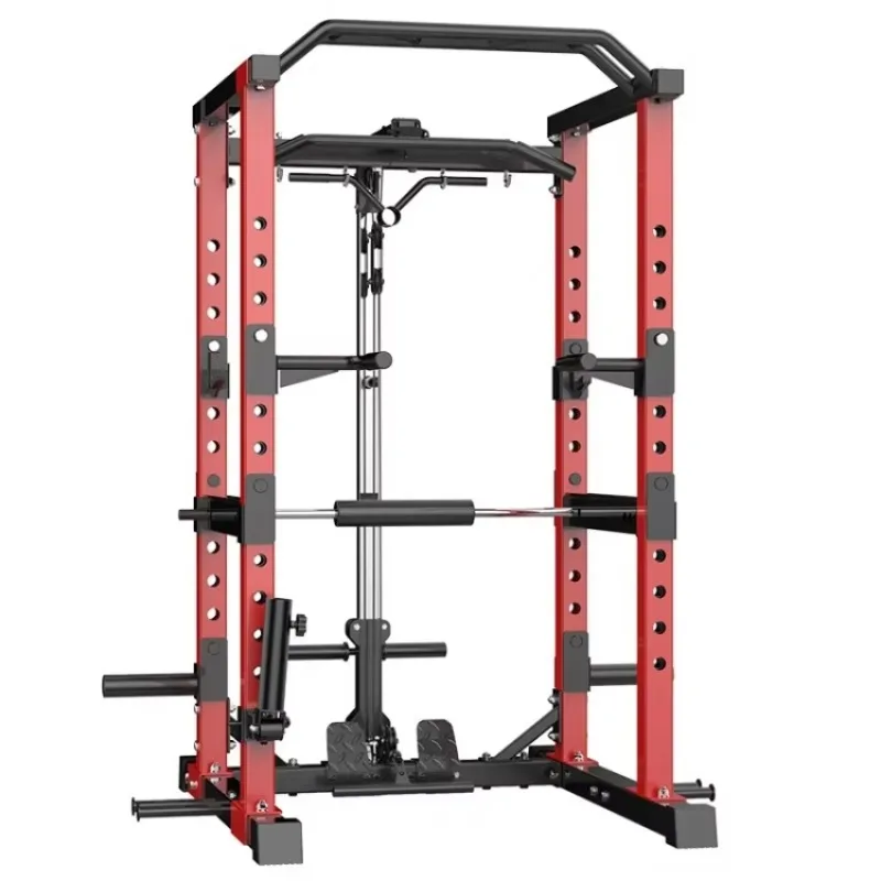 Metal Squat Rack Smith Machine with Cable Weight Drives Black + Red Indoor