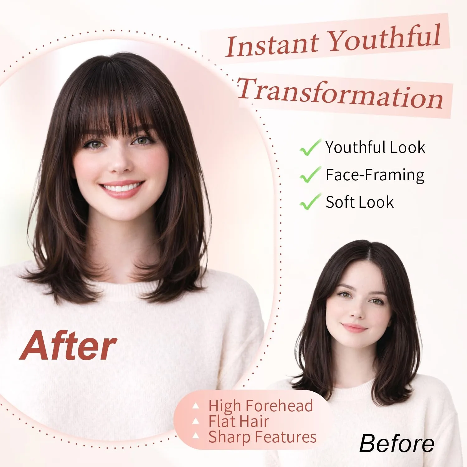 100% Real Human Hair Clip in Bangs French Curved Curtain Style Soft Layered Fake Bangs with Temples Heat Friendly Trimmable Hair