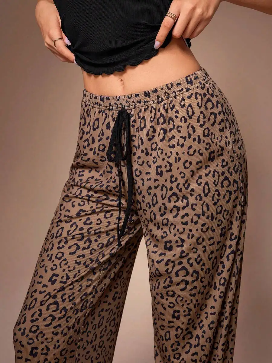

Womens Casual Leopard Print Drawstring Pajama Pants Set