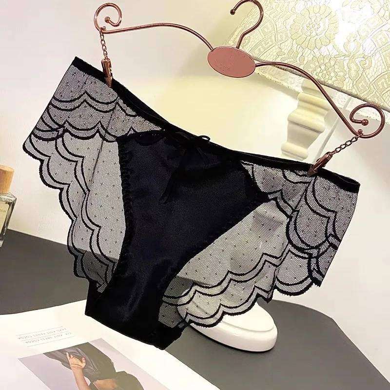 Celana dalam wanita, pakaian dalam wanita Satin renda tembus pandang ultra tipis jala katun selangkangan pinggang rendah Lingerie Prancis