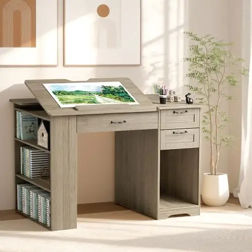 Drafting Table with Storage Cabinet & Drawers, Adjustable Drawing Desk with Open Shelves, Craft Table Painting Desk for