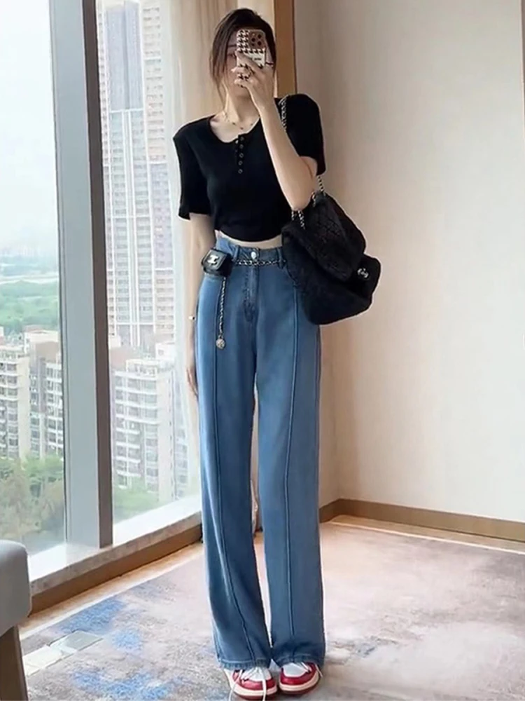 Jeans de Mezclilla Deados de Cintura Alta y Pierna Ancha para Mujer, Plones Rectos de Verano con Sensación Fresca, Ajus...