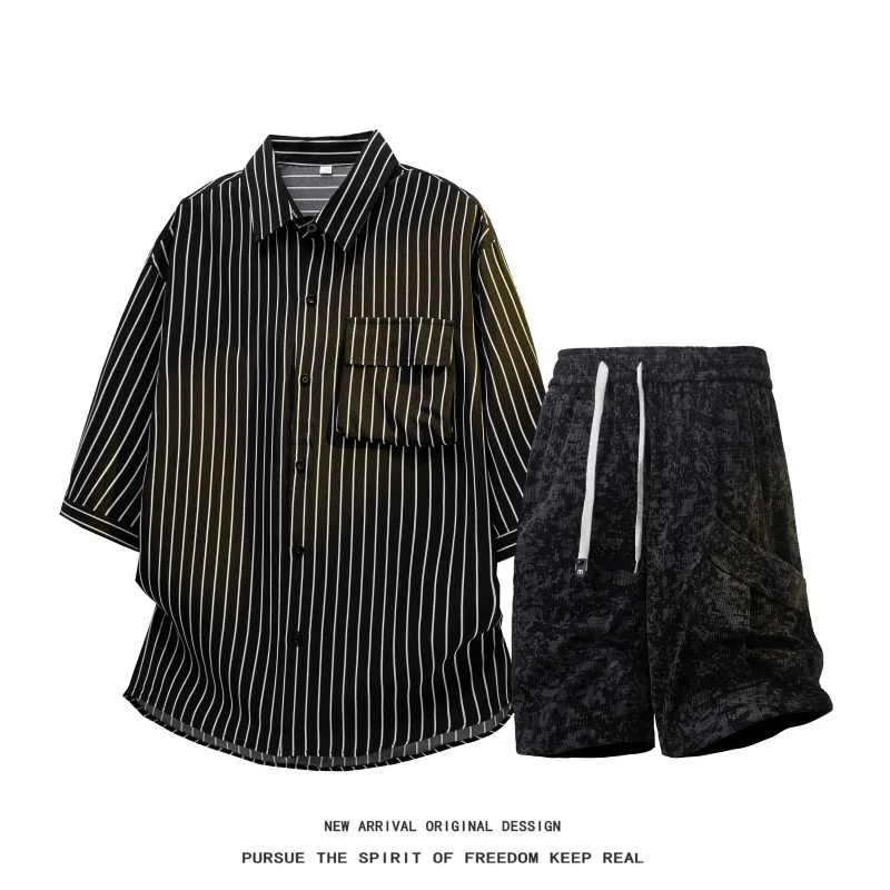 【Shirt + Shorts】Men's Shirt Set Summer Fashion Ice Silk Striped Shirt Tie-Dye 5-point Pants Daily Casual Leisure 2-Piece Outfit