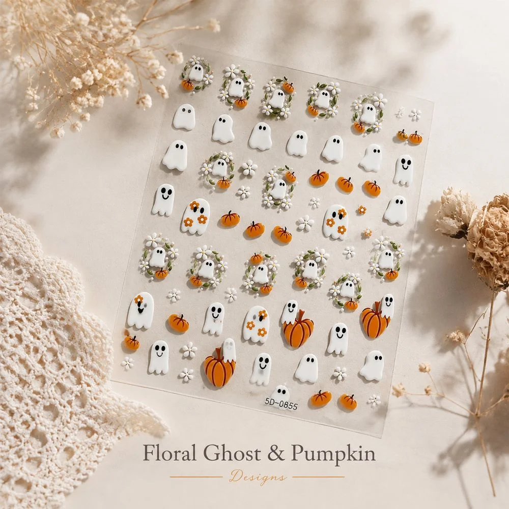 1Pc Portable Single Sheet Ghost Pumpkin Nail Stickers 5D Relief Cartoon Ghost Floral Waterproof Travel Manicure Tool