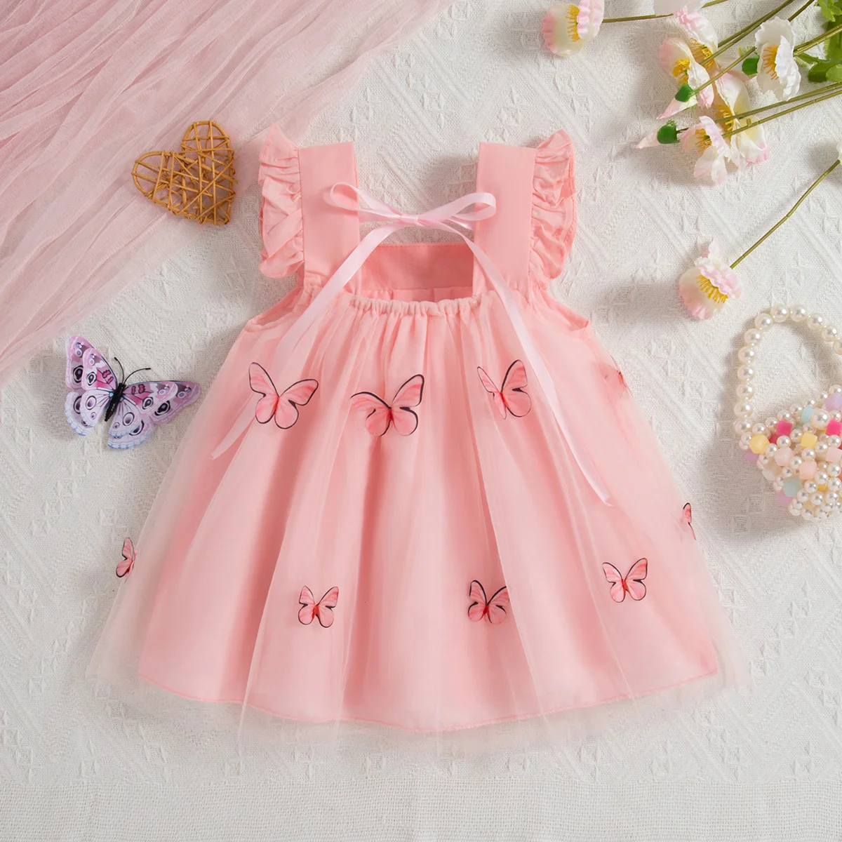 (0-3 Year Old Baby Girl Princess Dress) Summer New Sweet Butterfly Chiffon Children\'S Sleeveless Clothes For Wedding Parties