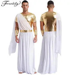Men Halloween Ancient Greek Zeus God Cosplay Costume Roman Toga Short Sleeve Robe with Cuff Theme Party Priest Role Play Clothes