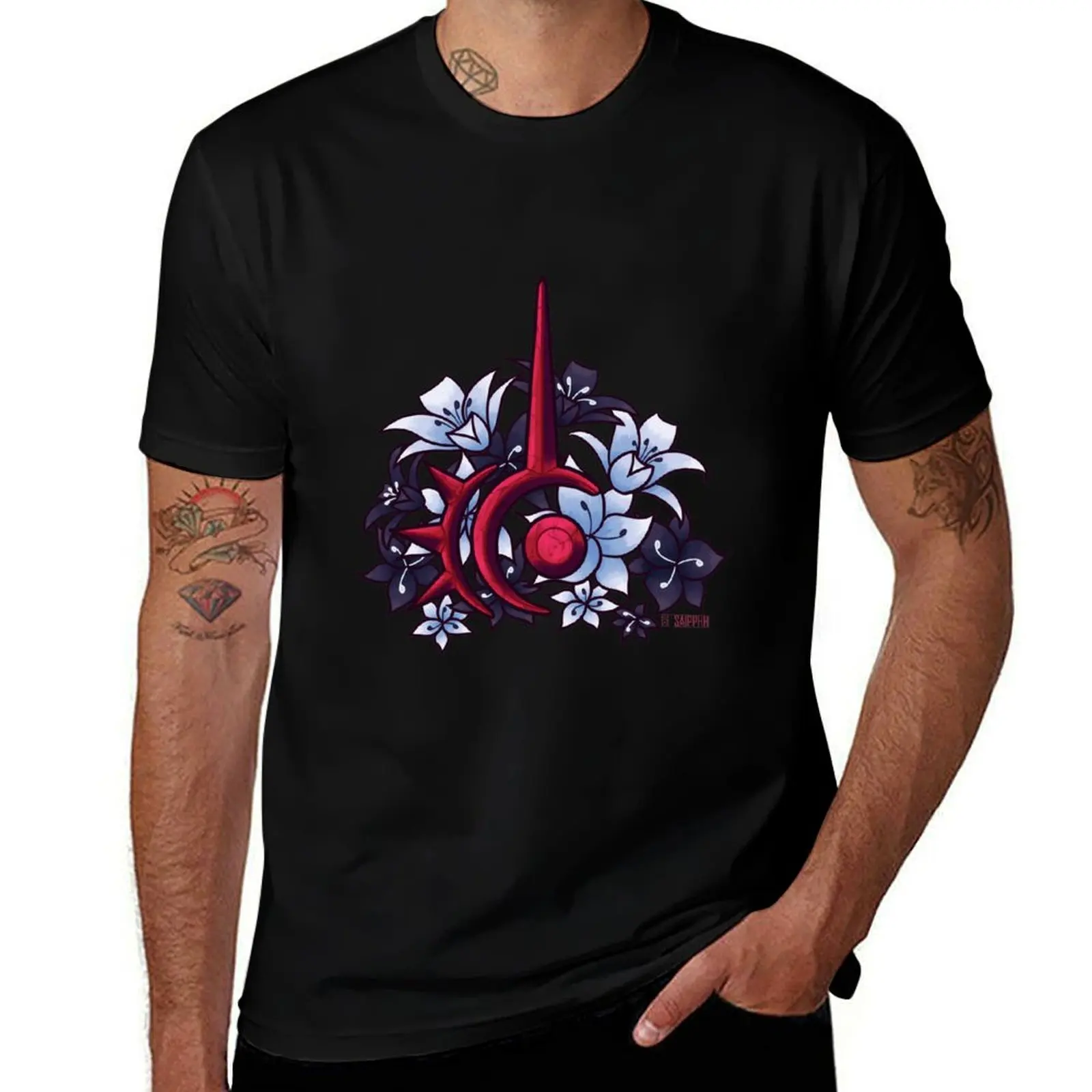 FFXIV Red Mage Job Symbol with Flowers T-Shirt Casual Soft Cotton Short Sleeve Tee