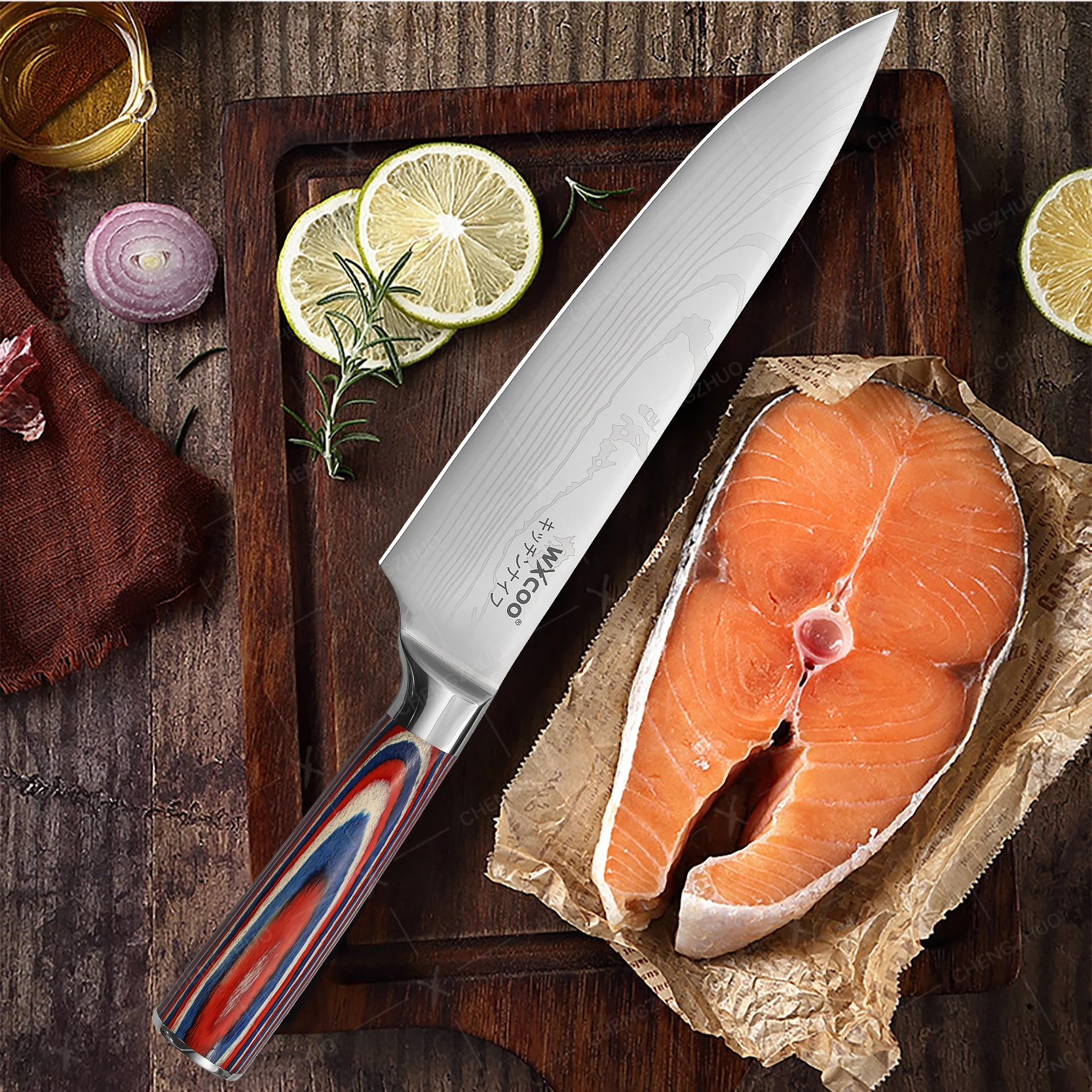 

Damascus Laser Chef Knife Professional Kitchen Knives Meat Cleaver Boning Knife Fruit Slicing Utility Knife Red Wooden Handle