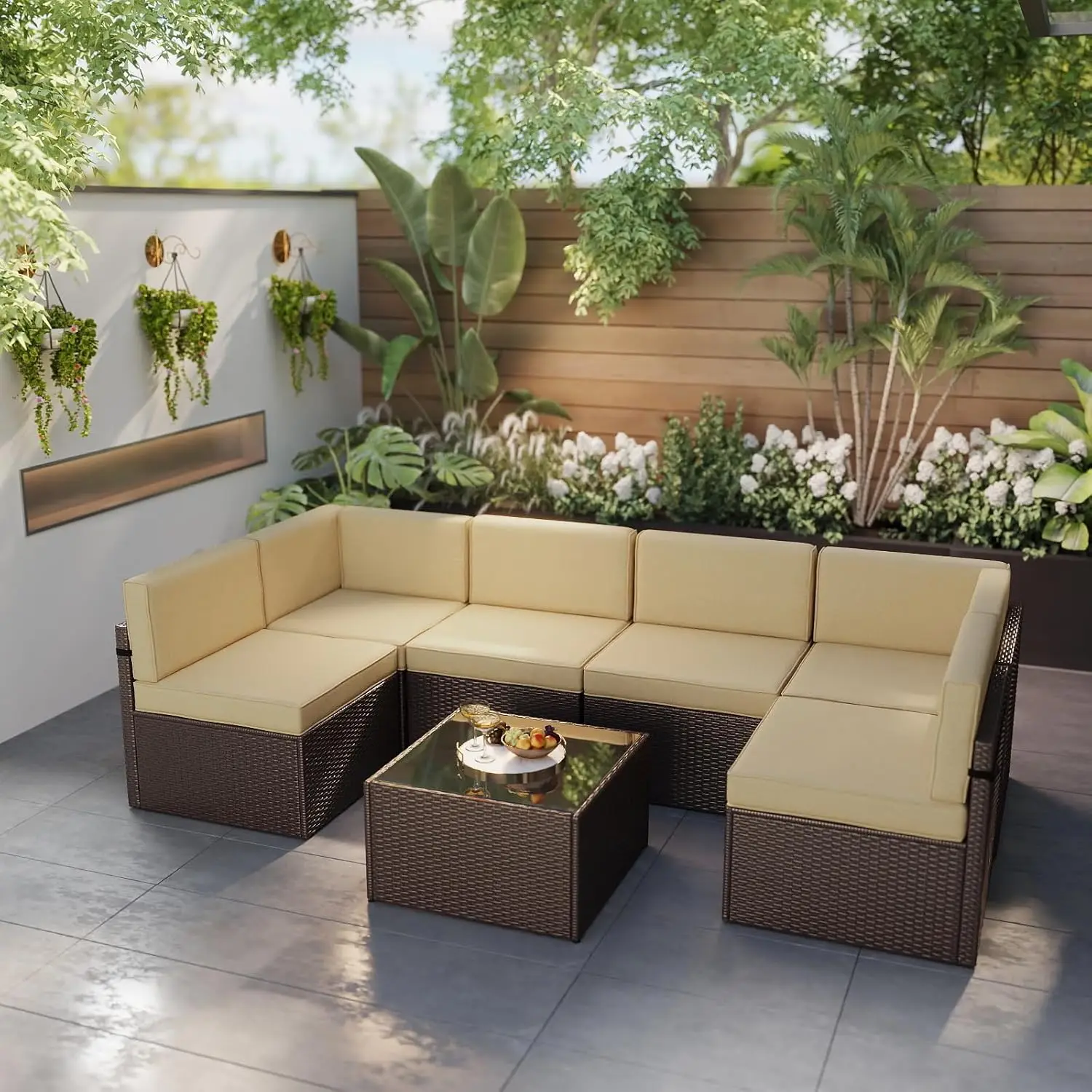 

Наборы мебели для патио, 7 шт., всепогодный коричневый полиэтиленовый плетеный уличный диван, сидения для патио с подушками и журнальным столиком, хаки