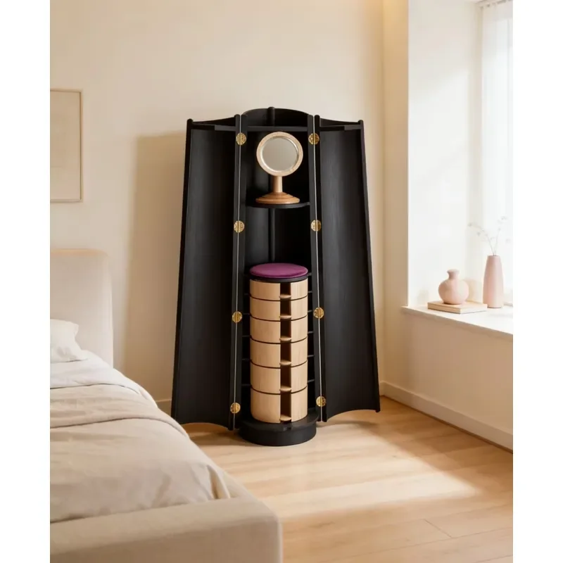 Italian Vintage Trunk Style Vanity Cabinet with Fold Out Mirror Matching Stool Elegant Bedroom Dressing Vanity Cabinet