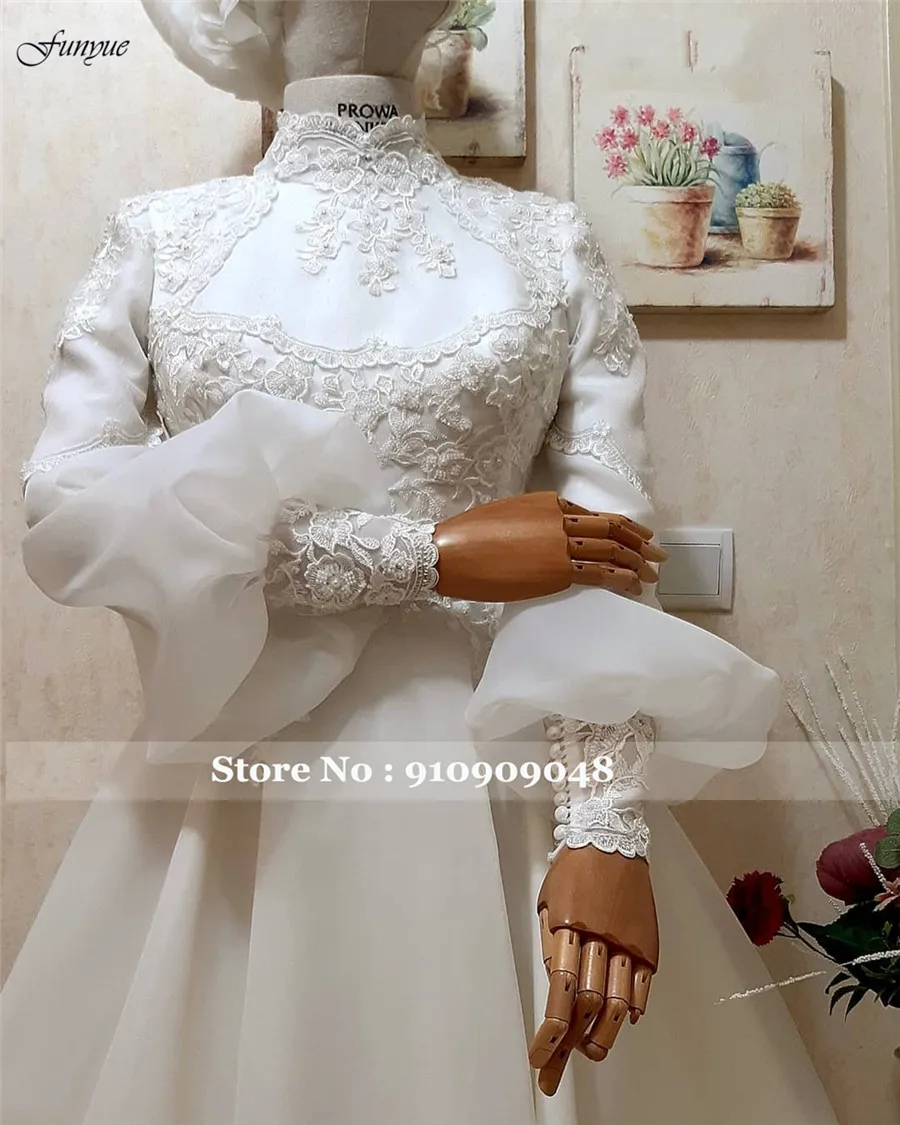 Funyue Elegant A-Line Muslim Wedding Gown for Bride 2025 Organza Appliques Lace Arabic Dubai Full Sleeves Bridal Dresses