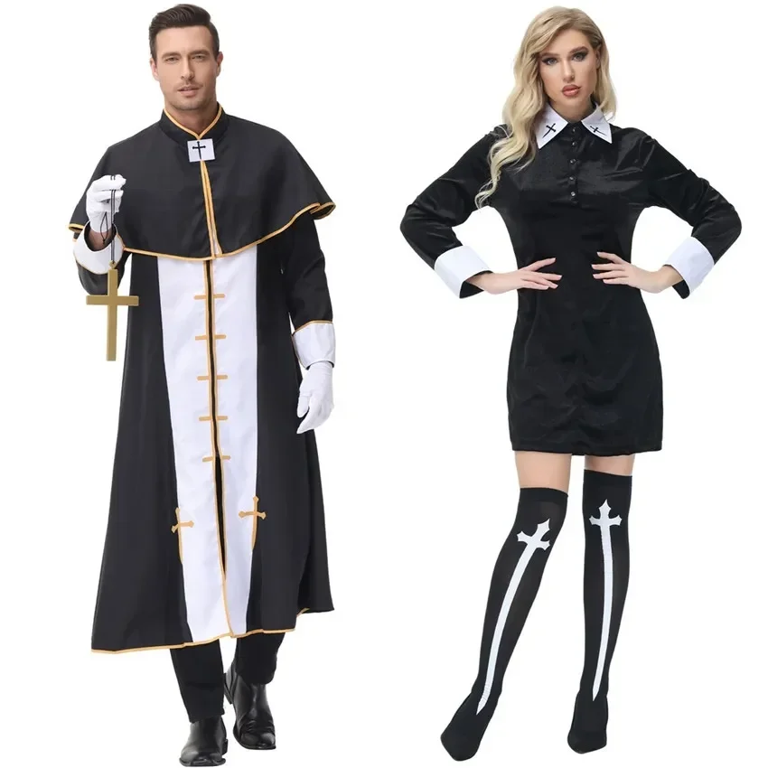 

Halloween Women Man Cosplay Christian Priest Nun Missionary Costume Pastor Catholic Couple Clothes