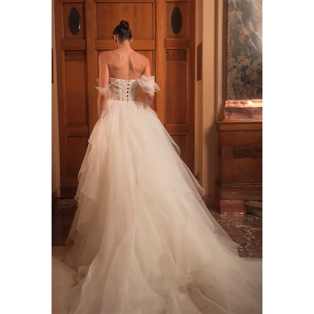 

Off Shoulder Lace Appliques White Gorgeous Wedding Dresses Tulle Bridal Gowns Prom Dress With Train свадебное платье Customized