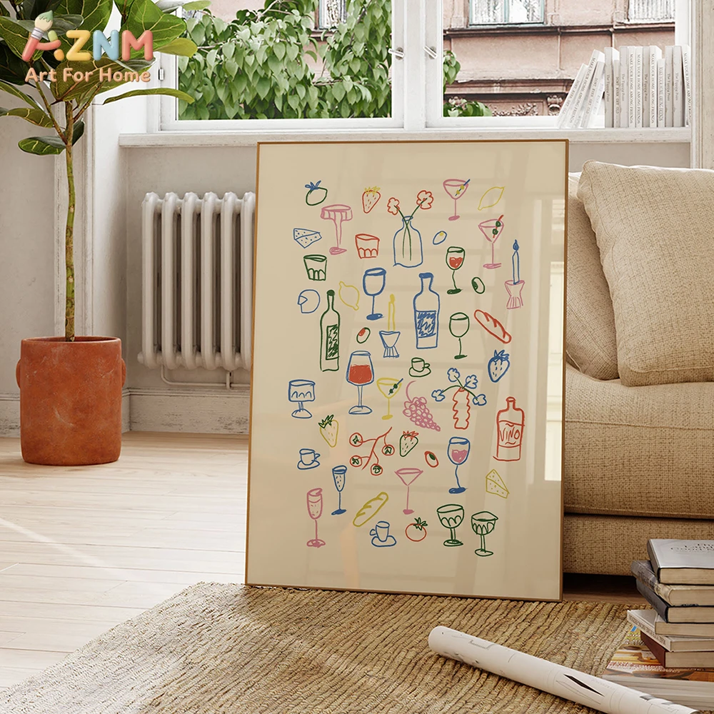 AZNM Cute Colorful Doodle Kitchen Canvas Wall Art, Food Wine Coffee Fruit Hand Drawn Sketch Aesthetic Dining Room Home Living Ro