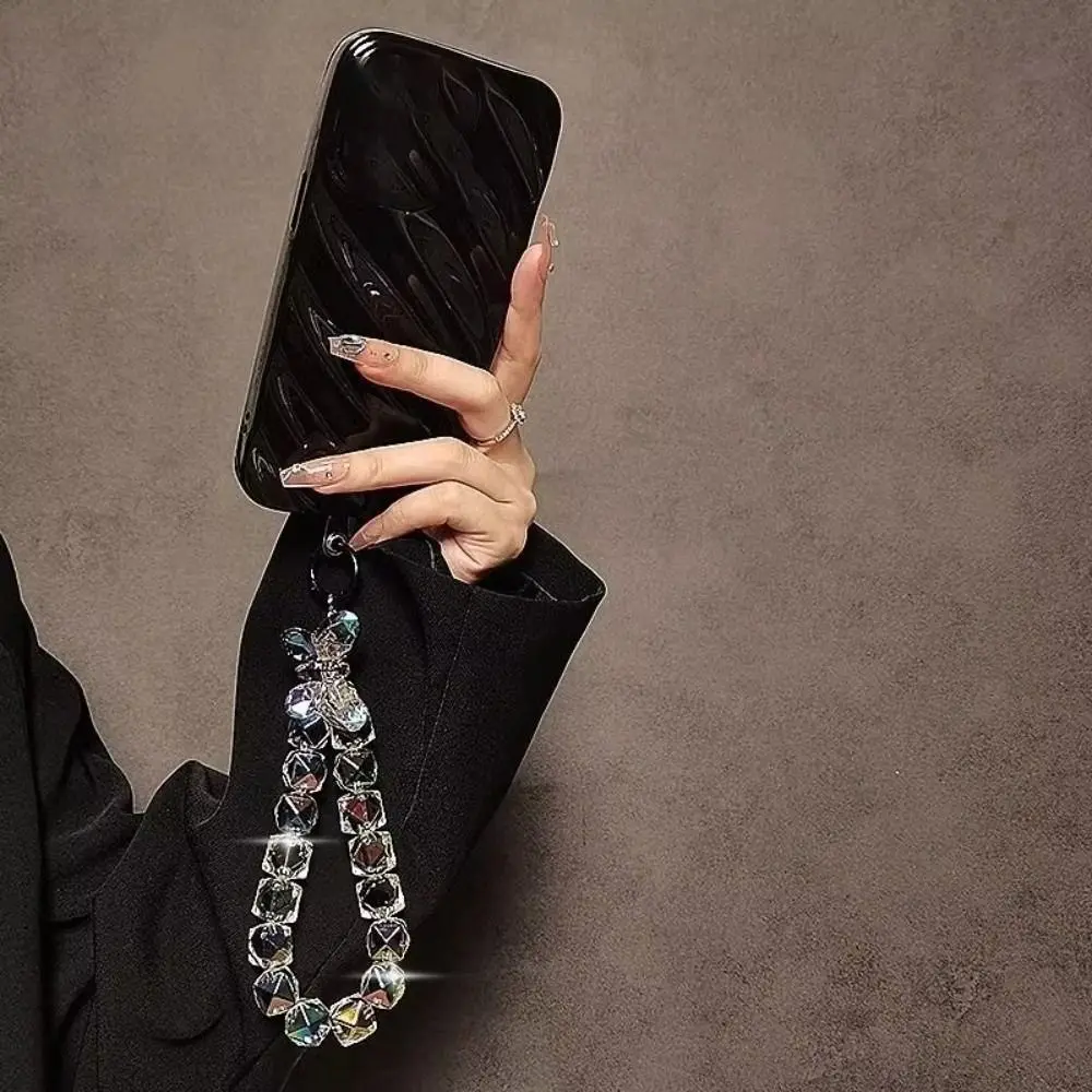 

Подарочный брелок-цепочка для телефона с бабочками, сверкающими стразами, портативный, для сумки, разноцветный, с бусинами, подвеска, защита от потери, ремешок на запястье с кристаллами