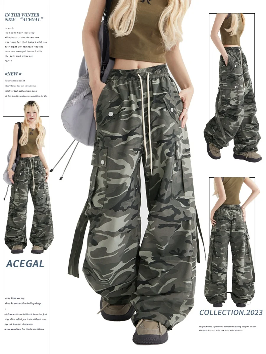 

Remedie Camouflage Work Pants Women's Drawstring Sash Hip Hop Dance Casual Trousers Trendy Street Style Asymmetric Pockets